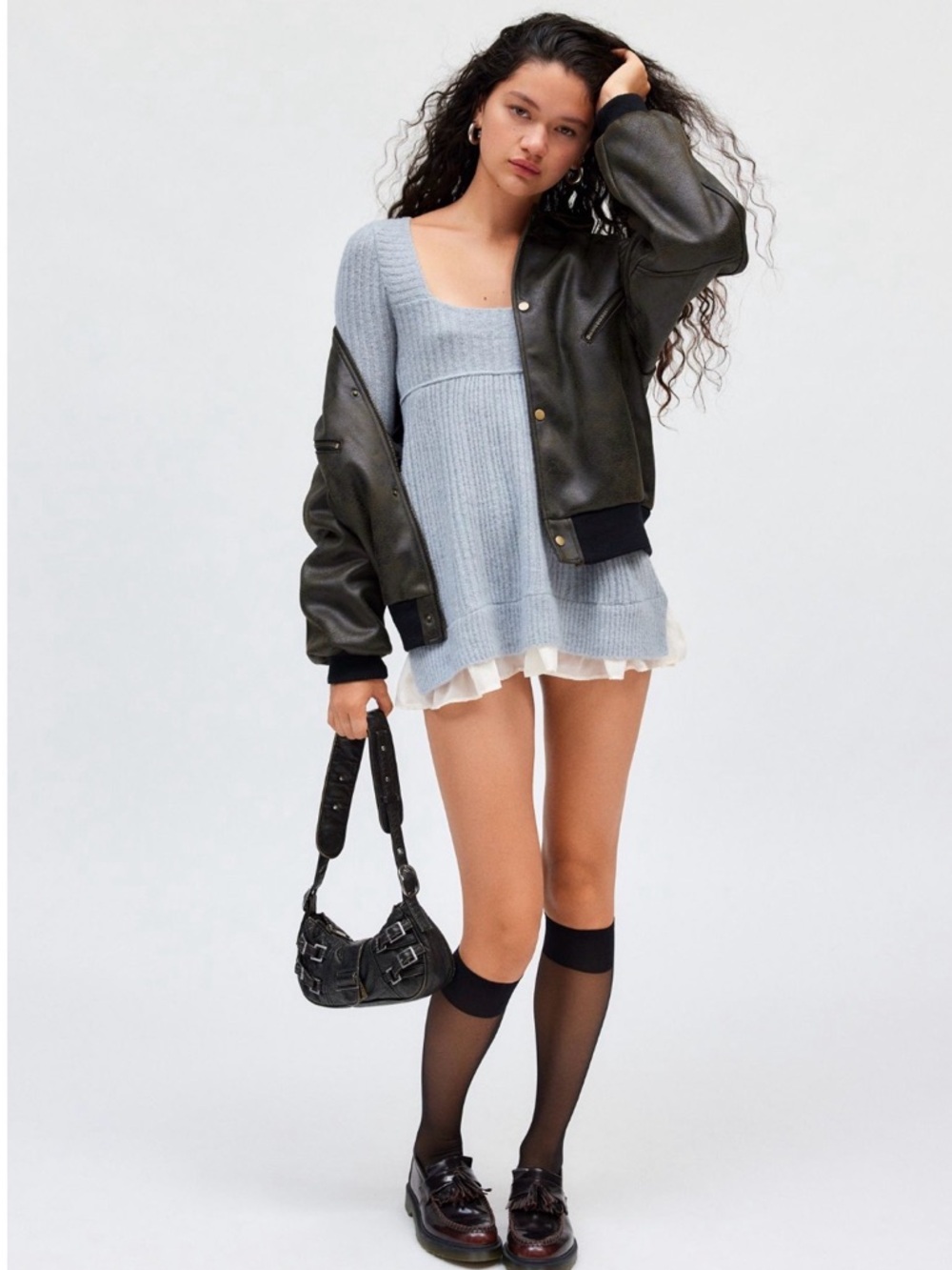 Kimchi Blue Hannah Ruffle Trim Babydoll Sweater - Grey (Small)